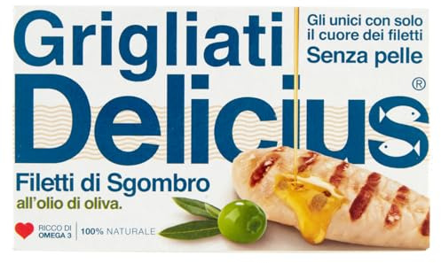 Delicius Scatola Filetti di Sgombro Grigliato o/oliva 90g, Lavorati a Mano, Pesce Azzurro, Ricco di Omega 3
