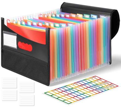 Euqvunn Raccoglitore Documenti, Cartella Portadocumenti a 25 scomparti, Formato A4 Archivio Documenti con Etichette Arcobaleno, Waterproof Schedario Portadocumenti per Ufficio, Scuola e Casa
