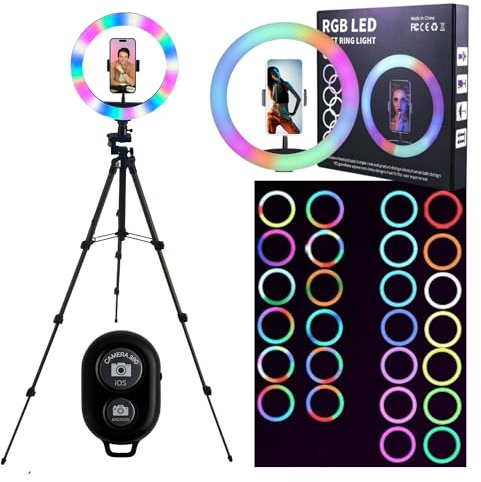 TronicXL RGB ringljus 1,05 m premium stativ självutlösare för iPhone smartphone, kamerastativ, stativ med ringlampa, ringlampa, mobiltelefonhållare för fotovideo med belysning, streamer, spel