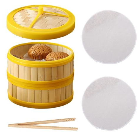 Vaporera de bambú de 2 niveles con tapa, cesta de vapor asiática con 2 niveles de 20 cm de diámetro, con 2 paños de algodón y pinzas para dumplings, verduras, arroz, carne y pescado