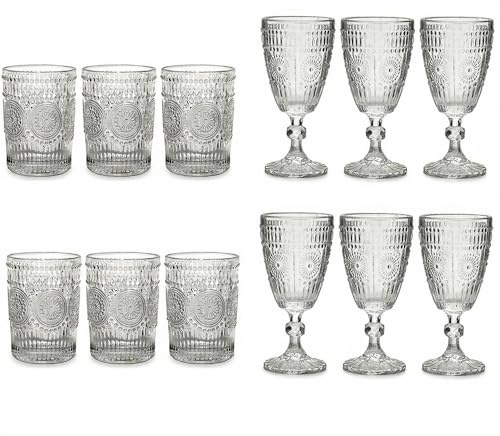 Set 12 Pezzi Servizio Tavola Vintage: 6 Bicchieri Acqua e 6 Calici Vino Vetro Trasparente Lavorato in Rilievo Alta Qualità per Casa e Ristoranti Confezione Regalo Elegante Retrò