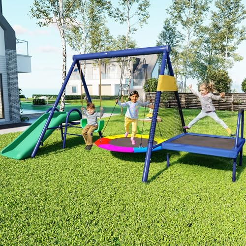 Torre de juegos al aire libre con tobogán y trampolín, estructura de escalada con columpio nido y columpio de plástico, parque infantil multifuncional para niños, elementos ajustables, acero