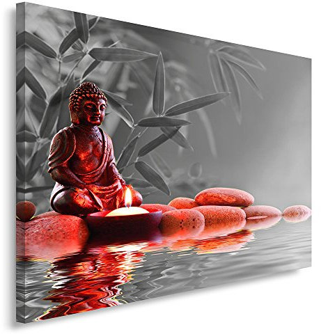 Feeby. Wandbild - 1 Teilig - 40x60 cm, Leinwand Bild Leinwandbilder Bilder Wandbilder Kunstdruck, BUDDHA, KULTUR, RELIGION, GRAU, ROT