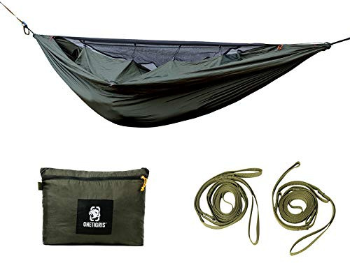 OneTigris KOMPOUND Camping Hammock with Net, Lightweight Portable Hammock with Warm Internal Cover & Tree Friendly Straps for Backpacking, Camping, Hiking, Travel, Beach, Backyard Od Green