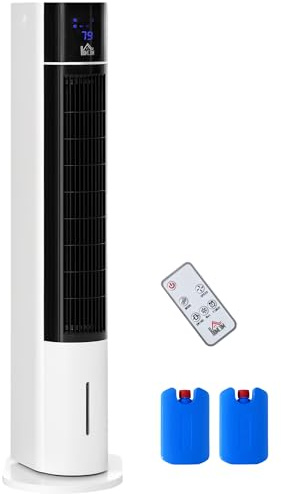 HOMCOM Portable Air Cooler, 3L Tank Evaporative Ice Cooling Tower Fan with 3 Modes, 3 Speeds, Remote, Timer, 60° Oscillating, Portable Swamp Cooler for Home Bedroom, White