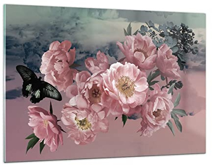 Quadri Moderni Soggiorno Fiori farfalle nuvole Quadro su Vetro 120x80cm Stampe da Parete in Vetro Camera da Letto Cucina 1 pezzo Wall Art Grandi XXL Decorazione Murale Grafica Immagini GAA120x80-4881