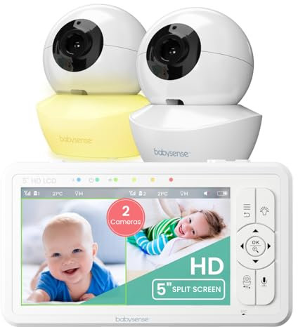 Babysense Video Baby Monitor with 2 Cameras and Audio, 720p 5 HD Split-Screen, Adjustable Night Light, White Noise and Lullabies, Long Range, 4xZoom, 4000mAh Battery, IPS Display, Model: HDS2