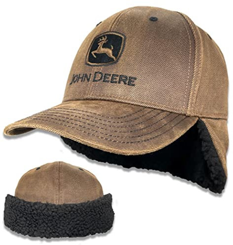 John Deere Brown Oiled Cotton Twill Sherpa Lined Flap Cap Hat