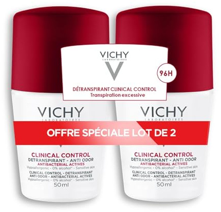 Vichy Clinical Control 96h Frauen, Deo-Roll-on für Frauen, Schweiß- und geruchshemmend, Antibakteriell, Hypoallergen, Alkoholfrei, Für empfindliche Haut, 2x50 ml