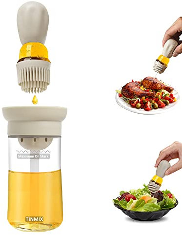 TINMIX Dispenser di olio con spazzola per barbecue, contenitore per olio e dispenser e spazzola in silicone per cucina, barbecue, grigliate, cottura e cottura TOB21 TOB21S (Ob21s-grigio)