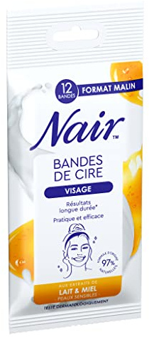 NAIR - Strisce di cera fredda per il viso, pelli sensibili, estratto di latte e miele, 97% di origine naturale, formato maligno 12 strisce