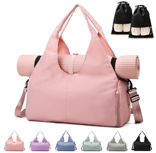 Gym Bag Womens, Yoga Mat Bag Sport Travel Bag with 2pcs Shoes Compartment, Waterproof Sports Gym Bag for Sport Travel Hiking (Pink)