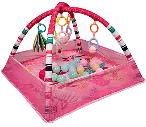 Tapis de jeu bébé avec arche de jeu, Tapis d'Eveil Evolutif et Multifonction 2en1 Rose, 18 Balles Incluses, Arche de Jeu, 7 Jouets Détachables, Rose, Dès la Naissance