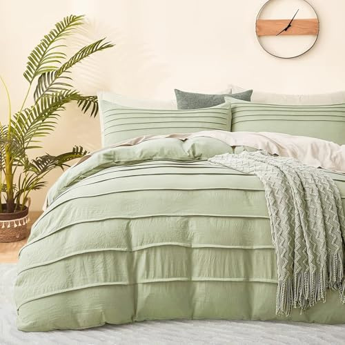 DJY Green Pleated Duvet Cover Set 3-Piece - Boho Textured Design, Soft & Breathable Double Bedding with Zipper Closure (Double, 200x200cm)