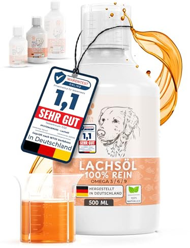 Pfotengenuss Lachsöl für Hunde 250ml - natürliche Omega 3, 6 & 9 Quelle - frisch abgefüllt in Deutschland - natürliches, hochdosiertes Lachs-Öl - Barf-Öl (500 ml)