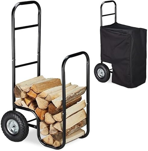 Carro para Leña con 2 Ruedas y Lona Impermeable, Estante para Leña para Almacenamiento y Movimiento, Transportador con Plataforma para Chimenea Interior y Exterior - Negro 30X70X109CM