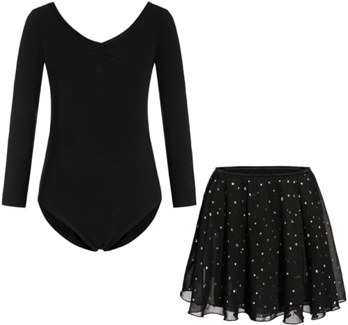 FONLAM Vestito Body da Balletto Danza per Bambine Cotone Body Ginnastica Maniche Lunghe Gonna Ballo Bambine (Nero, 3-4 Anni)