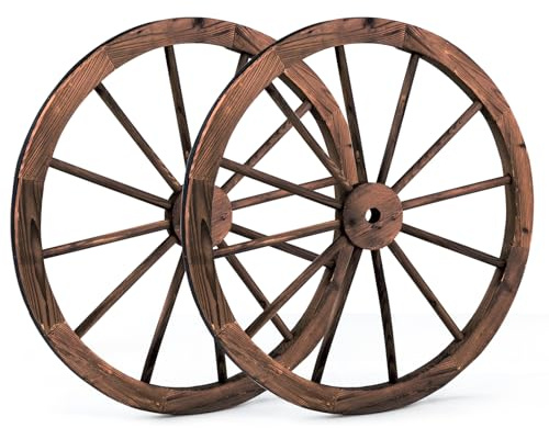 SOARS 2 Piezas Ruedas de Carro de Madera, Decoración de Pared Ø 76 cm con Chapa de Hierro, Rueda de Madera Ruedas Colgantes Rueda de Carro Rústico para Decoración para Jardín & Bar, Marrón