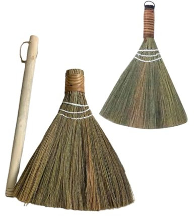 ROMISBABA Handmade Bamboo Broom Set 2pcs Long Detachable Handle and Small Soft Grass Sweeper Household Floor and Desktop Cleaning Brooms for Indoor Dust Removal