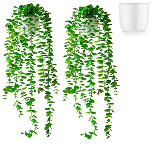 PASCH® 2er Set Künstlicher Eukalyptus (60cm) in weißen Keramiktöpfen: Künstliche Hängepflanzen | künstliche Pflanzen wie echt | Kunstpflanzen hängend | Kunstpflanze hängend im Topf
