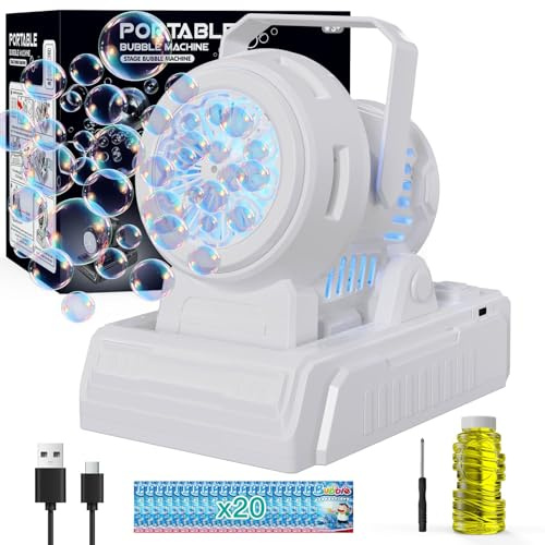 Panamalar Máquina de Pompas de Jabón Ángulo Ajustable, Máquina Automática de Burbujas 20000+ Burbujas/Min con Solución, 10 Agujeros Grandes Máquina de Pompas para Fiestas Boda al Aire Libre-Blanco
