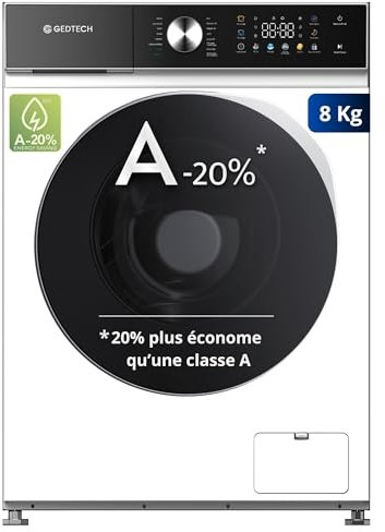 GEDTECH Lave-linge frontal GLLPS81400WH - 8 Kg - 1200 tr/mn - 16 programmes - Eco - Intensif - Rapide – Très Faible conso - Panneau commande LED couleur