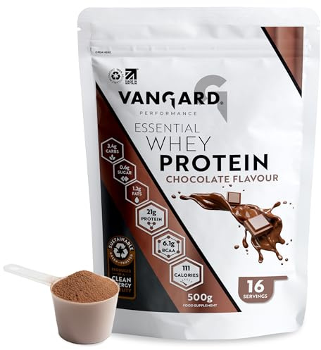 Vangard Essential Whey Protein Powder Chocolate Flavour (500g - 16 Servings), Soluble Protein Shake 23g of Protein Per Serving