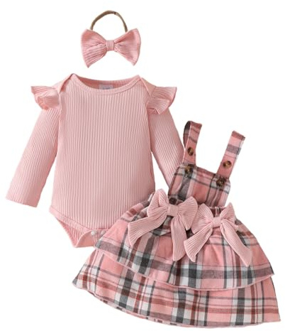 LUVCES Conjunto Faldas para Niñas Recién Nacidas Manga Larga Top con Volantes + Tirantes con Lazo a Cuadros Vestido Otoño Invierno Ropa Trajes de Navidad Rosa a cuadros 12-18 Meses