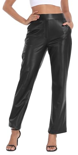 HDE Women's Pull On Faux Leather Kick Flare Pants High Waisted Pant with Pockets Black - L