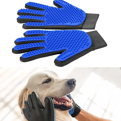 Guanto per la cura del pelo dell'animale domestico, delicato depilazione e massaggio efficiente per gatti, cani e cavalli, Pet Mitt con spazzole per pelo corto e lungo, 1 paio (blu)