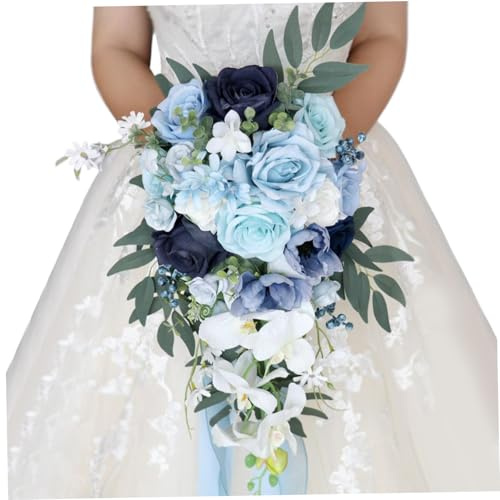 fkngcp Wedding Bouquets for Bride/Bridesmaid Water Drop Shaped Bridal Bouquet 10x20 Lifelike Light Blue Plastic Artificial Flowers for Wedding