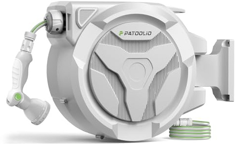 Hose Reel, PATOOLIO Auto Reel 30+2m Wall-Mounted, Retractable Garden Hose Reels, Auto Rewind, Self-Locking System, 180° Pivot Swivelling, 10 Function Spray Gun, Grey