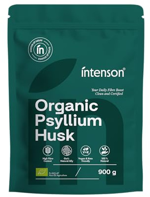 Intenson Psillio Bio, 900 g, Biologico Certificato UE, Ricco di Fibre, 100% Naturale, Vegano, Compatibile con la Dieta Keto, Senza Glutine, Senza Additivi