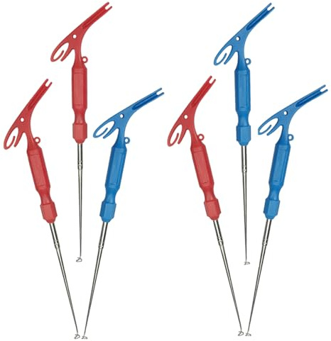 TOBBOMEY Herramientas para Quitar Anzuelos de Pesca Mosca, Set de 6 Piezas en Acero Inoxidable, Extractor Rápido y Portátil en Colores Rojo y Azul para Actividades de Pesca al Aire Libre