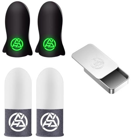 HYFZOD 4 Piezas Dedales Gamer con Efecto Luminiscente y Caja Metálica, Fundas para Dedo Transpirables y Sensibles para Juego Táctil en Móvil, Ideal para Juegos como PUBG Mobile