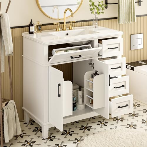 ZKLOEP Armario de pie para baño, lacado blanco, 90 x 46 x 87 cm, amortiguador silencioso de cajones, tirador plegable, estante para puerta de armario doble, patas de madera maciza, mango negro, lavabo