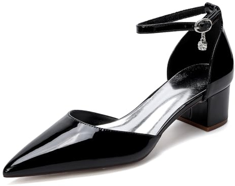 EICOFF Donna Punta Chiusa Blocco Basso Tacchi Grossi Décolleté Tacco Largo con Cinturino alla Caviglia Scarpe da Sera da Sposa,Nero,41 EU