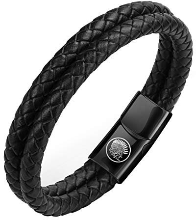 Casisto.J Lederarmband Herren Armband Herren Männer Leder Edelstahl Gravur Schwarz Braun Geflochten mit Magnet Verschluss