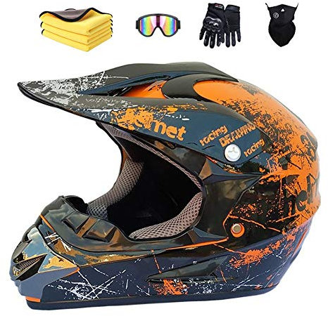 Motorradhelm, Motocross Helm für Kinder, Cross-Helm mit Handschuhe, Maske, Brille, ATV, MTB, Orange, 52-56cm