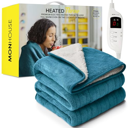MONHOUSE 130X160 cm Soft Electric Sofa Blanket - Fleece Single Heated Throw With Digital Controller - Machine Washable Bed Throw, Timer up to 9 hours, 9 Heat Settings, Auto Shutoff - TEAL Sherpa