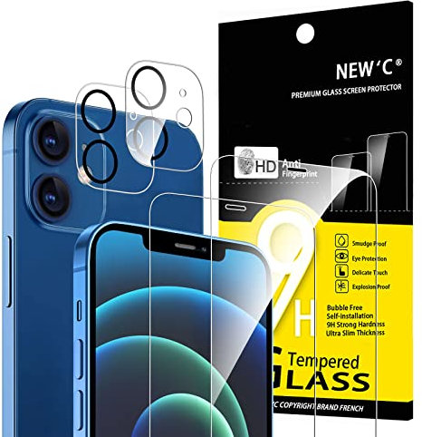 NEW'C 4 Pack, 2 x Protector Pantalla para iPhone 12 y 2 x protector de pantalla de cámara trasera – sin burbujas de aire – Ultra resistente – Dureza 9H Glass