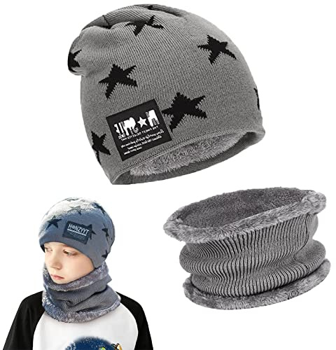 May Huang Enfants Bonnet, Enfants Hiver Epais Bonnet Echarpe Ensemble, Polaire Thermique Tricot Chapeu Cou et Cache-Cou pour Enfants Garçons Filles 5-15 Ans (gris)