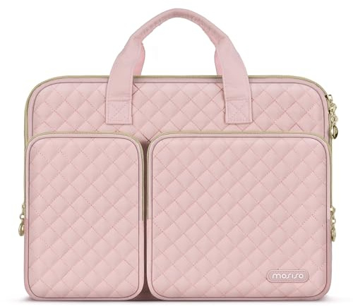 MOSISO 360 Protective Laptop Case 13.3 inch, 13-13.3 inch Laptop Sleeve Compatible with MacBook Air/Pro 13/Pro 14,HP Dell ASUS Lenovo, Square Quilted Bag Cover with 2 Pockets&Handle&Belt, Chalk Pink