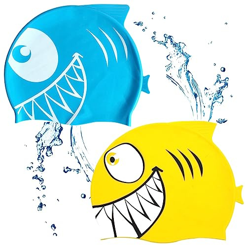 MEZHEN Cuffia da Bagno Squalo Cuffie da Nuoto per Bambini Cuffia Piscina di Cartoon Impermeabile Cuffia Piscina per Nuoto in Morbido Silicone per Ragazzi Ragazza per Piscina Spa Terme 2 Pezzi