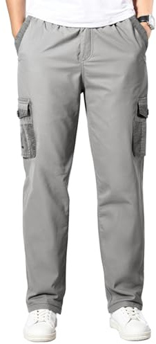 Husmeu Pantalon Homme Cargo 100% Coton Pantalon Multipoches avec Cordon de Serrage Elastique Léger Grande Taille