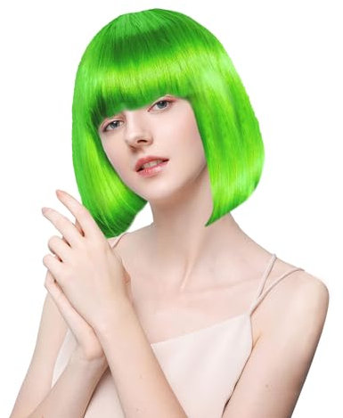 EUPSIIU Parrucche Bob Parrucca Cabaret, Corte per Capelli Umani per Donna, Parrucche Corte, Frangia, Parrucca Donna, Neon Caschetto, Disco, per Spettacolo Teatrale Festa Carnevale Halloween (Verde)
