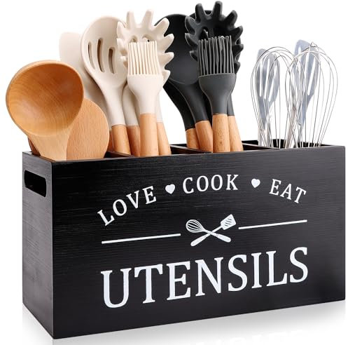 Black Farmhouse Utensil Holder for Kitchen Counter Extra Large Cooking Utensil Holder Caddy Utensils Storage Organizer for Countertop Rustic Wood Kitchen Tool Decor Utensil Crock Spatula Holder