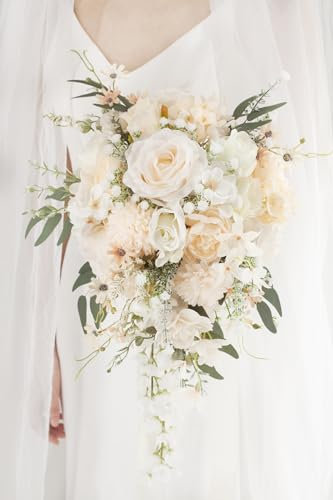 Yelinart 11 Inch Champagne Wedding Bouquets for Bride White Artificial Roses Flower Cascading Bridal Bouquet for Rustic Boho Fall Vintage Wedding Ceremony Party and Anniversary
