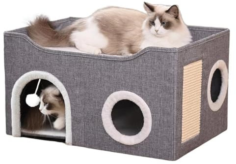 ERNAN Katzenhöhle,Katzenbetten,Katzenhaus, Faltbare Katzenbetthöhle mit Kratzbrett und Spielball, Faltbare Katzenbetthöhle zum Schlafen, Verstecken, Spielen & Kratzen (Grey, Medium)