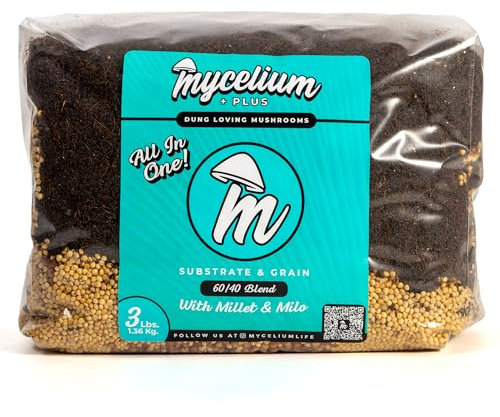 Mycelium 's Superior Dung-Loving - Sustrato de hongos y mezcla de granos de mijo/milo, 3 libras todo en uno, fórmula de coco, vermiculita y yeso con mezcla patentada Mycelium Plus, preesterilizada y